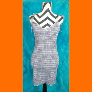 Blue and white scrunched spaghetti strap dress